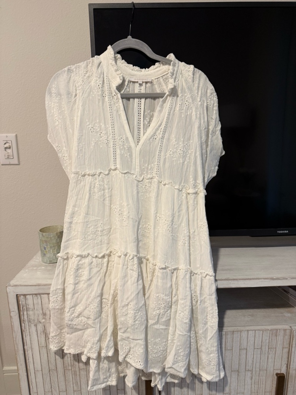 Oliveaceous White Eyelet Tiered Midi Dress